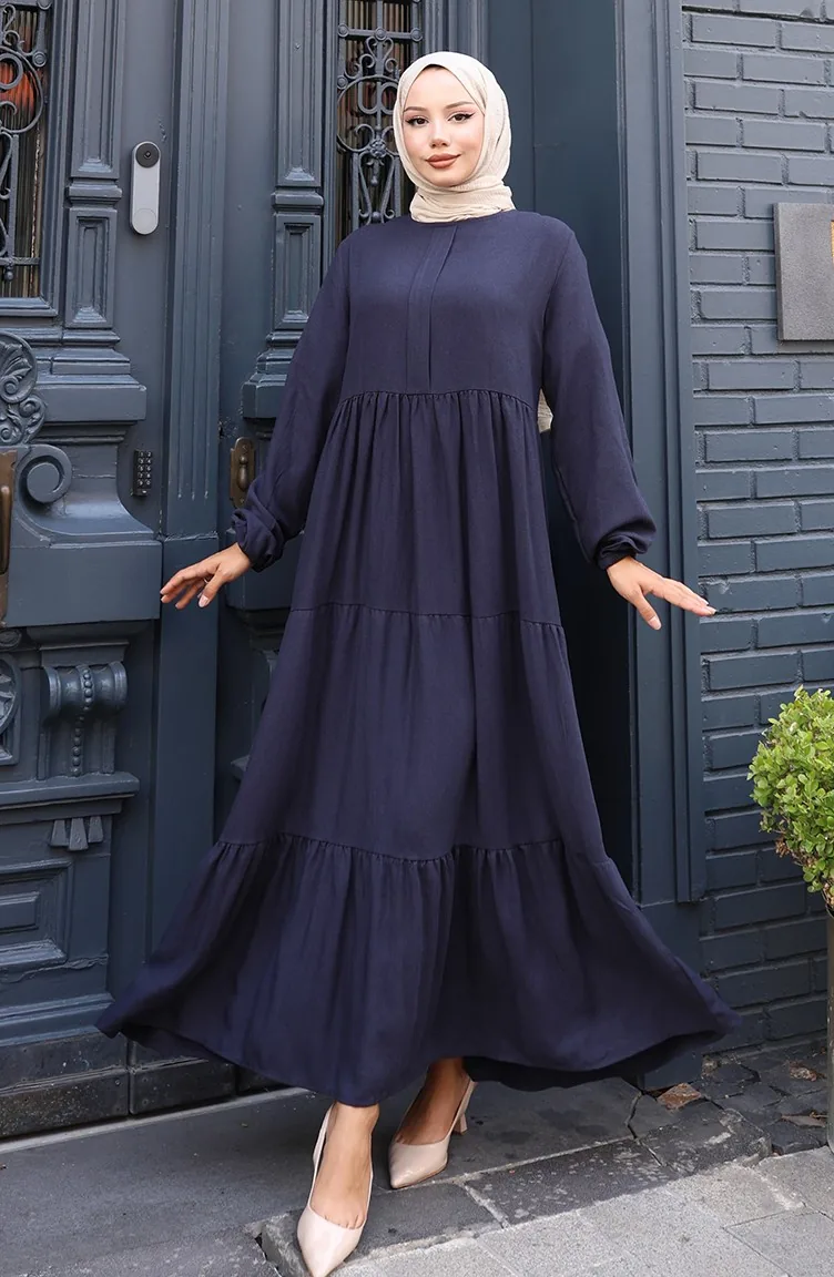 Robe à Taille Plissée Et Manches élastiques 2149-02 Bleu Marine 2149-02