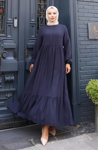 Robe à Taille Plissée Et Manches élastiques 2149-02 Bleu Marine 2149-02