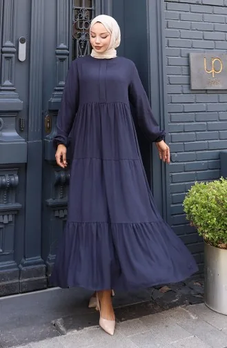 Robe à Taille Plissée Et Manches élastiques 2149-02 Bleu Marine 2149-02