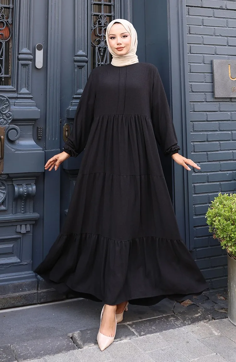 Kleid Mit Geraffter Taille Und Elastischen Ärmeln 2149-03 Schwarz 2149-03