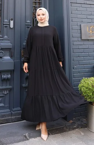 Kleid Mit Geraffter Taille Und Elastischen Ärmeln 2149-03 Schwarz 2149-03