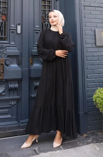 Kleid Mit Geraffter Taille Und Elastischen Ärmeln 2149-03 Schwarz 2149-03
