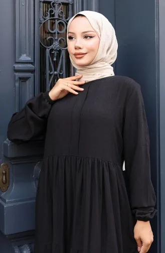 Kleid Mit Geraffter Taille Und Elastischen Ärmeln 2149-03 Schwarz 2149-03