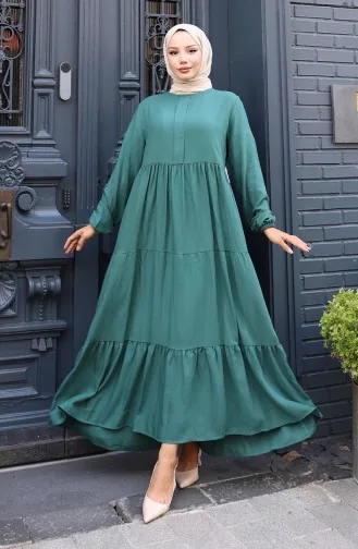 Kleid Mit Geraffter Taille Und Elastischen Ärmeln 2149-04 Smaragdgrün 2149-04