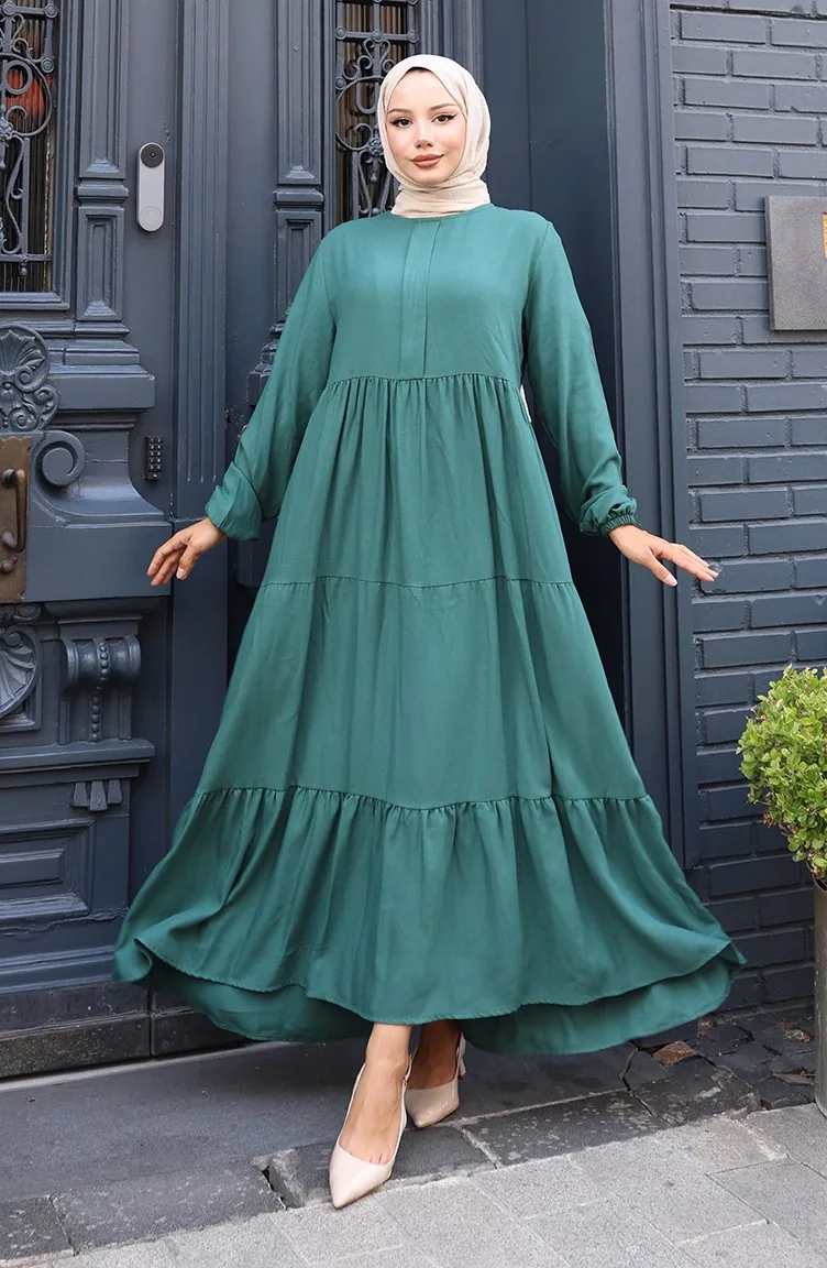 Kleid Mit Geraffter Taille Und Elastischen Ärmeln 2149-04 Smaragdgrün 2149-04