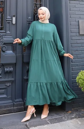Kleid Mit Geraffter Taille Und Elastischen Ärmeln 2149-04 Smaragdgrün 2149-04