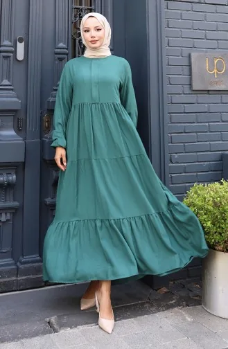 Kleid Mit Geraffter Taille Und Elastischen Ärmeln 2149-04 Smaragdgrün 2149-04