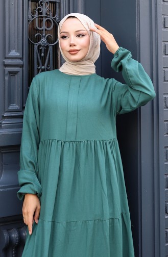 Beli Büzgülü Kolu Lastikli Elbise 2149-04 Zümrüt Yeşili