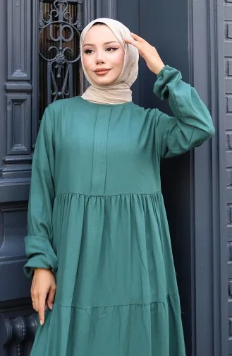 Kleid Mit Geraffter Taille Und Elastischen Ärmeln 2149-04 Smaragdgrün 2149-04