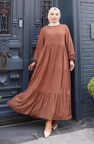 Beli Büzgülü Kolu Lastikli Elbise 2149-05 Kahverengi