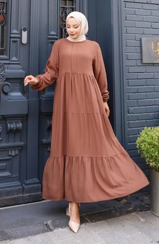 Beli Büzgülü Kolu Lastikli Elbise 2149-05 Kahverengi