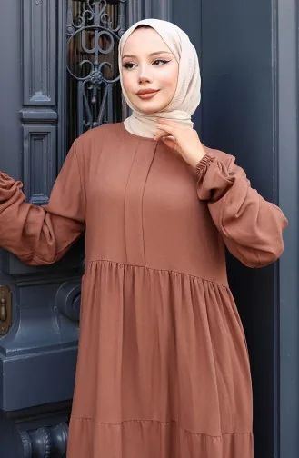 Beli Büzgülü Kolu Lastikli Elbise 2149-05 Kahverengi