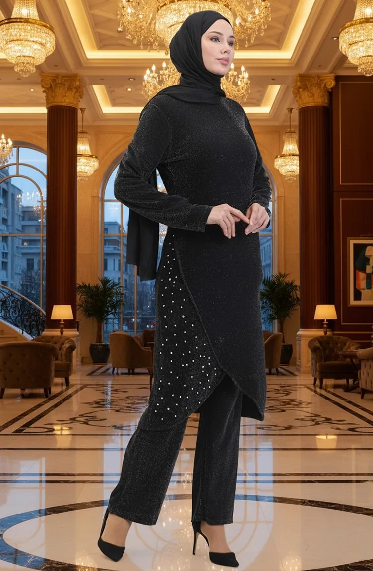 Taşlı Abiye Takım 0157-02 Siyah
