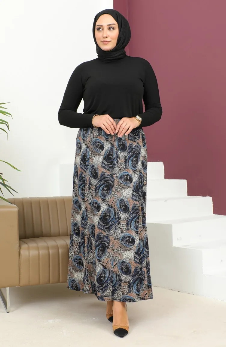 تنورة منقوشة بخصر مطاطي مقاس كبير 2830-02 أزرق 2830-02