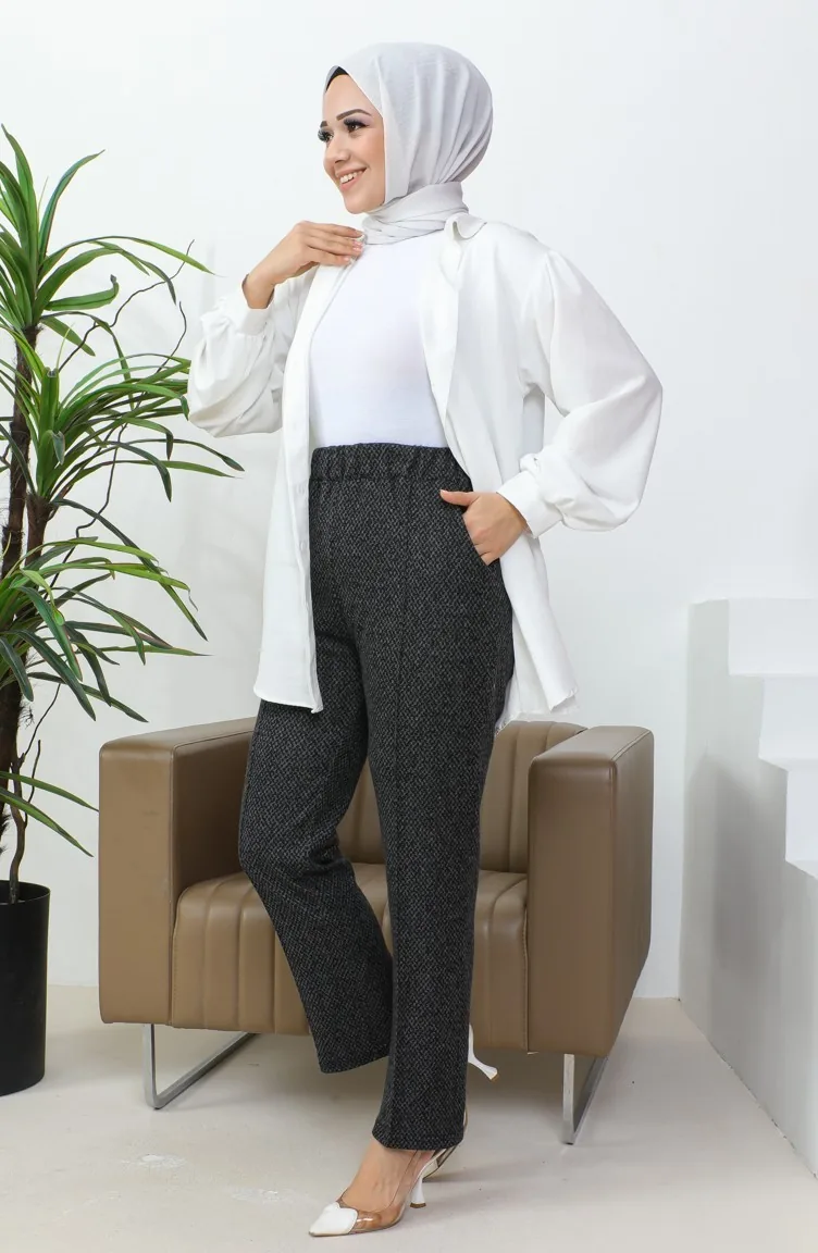 Jacquard Women`s Trousers With Ribbed Hem 1037-01 Black 1037-01