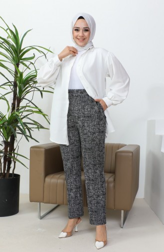 بنطلون جاكار نسائي بحاشية مضلعة 1037G-01 أسود 1037G-01