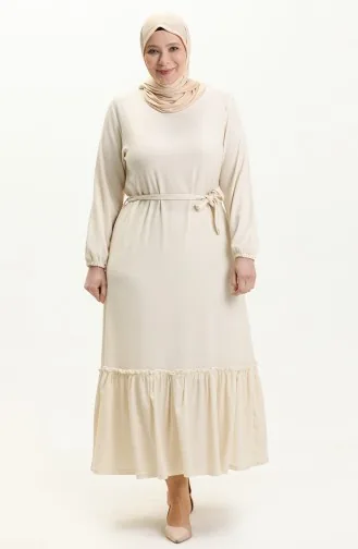 Farbalı Büyük Beden Elbise 4581-09 Krem