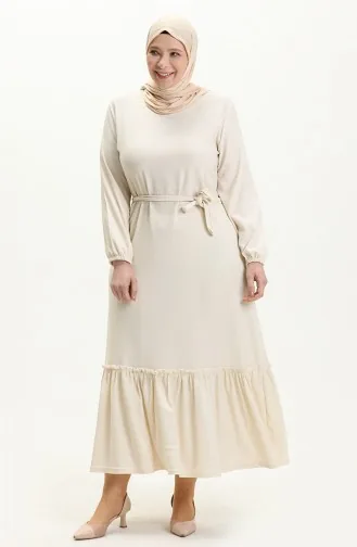 Farbalı Büyük Beden Elbise 4581-09 Krem