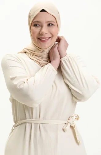 Farbalı Büyük Beden Elbise 4581-09 Krem