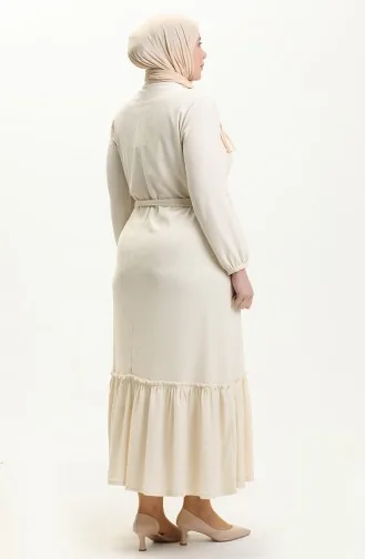 Farbalı Büyük Beden Elbise 4581-09 Krem