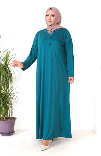 Übergröße Kleid Aus Gekämmter Baumwolle Mit Steinmuster 4932-02 Petrol 4932-02