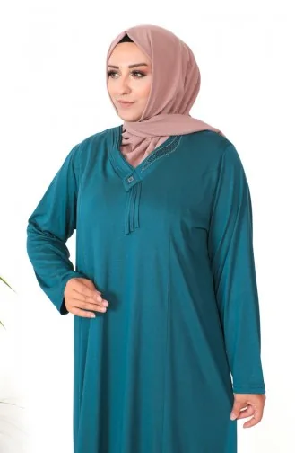 Übergröße Kleid Aus Gekämmter Baumwolle Mit Steinmuster 4932-02 Petrol 4932-02