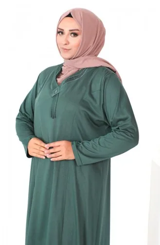 Plus Size Stone Print Gekamde Katoenen Jurk 4932-05 Donkergroen 4932-05