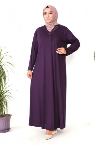 Übergröße Kleid Aus Gekämmter Baumwolle Mit Steinmuster 4932-06 Lila 4932-06