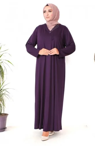 Übergröße Kleid Aus Gekämmter Baumwolle Mit Steinmuster 4932-06 Lila 4932-06