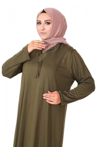 Plus Size Stone Print Gekamde Katoenen Jurk 4932-07 Khaki 4932-07