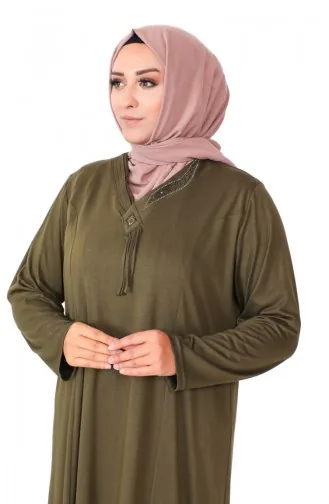 Plus Size Stone Print Gekamde Katoenen Jurk 4932-07 Khaki 4932-07