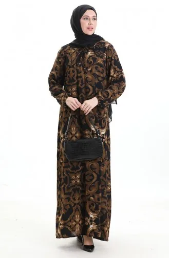 Viskon Kare Yaka Elbise 994585J-01 Siyah Kahverengi