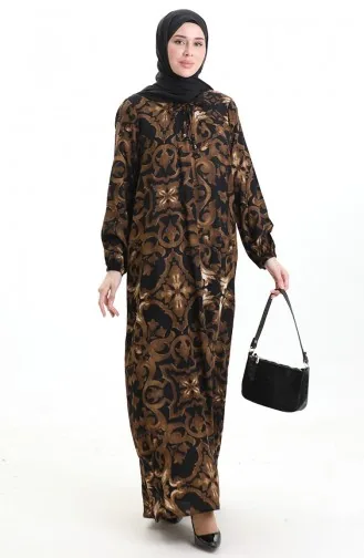 Viskon Kare Yaka Elbise 994585J-01 Siyah Kahverengi