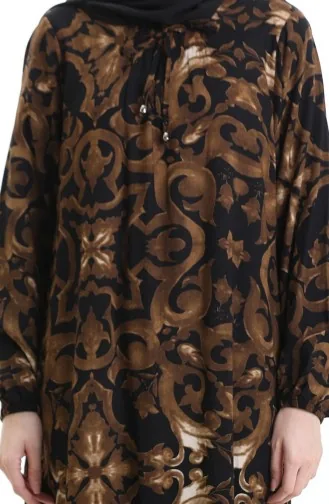 Viskon Kare Yaka Elbise 994585J-01 Siyah Kahverengi