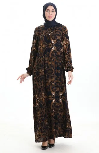 Viskon Kare Yaka Elbise 994585J-02 Lacivert Kahverengi