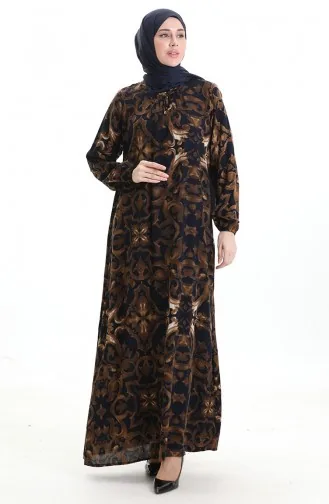 Viskon Kare Yaka Elbise 994585J-02 Lacivert Kahverengi