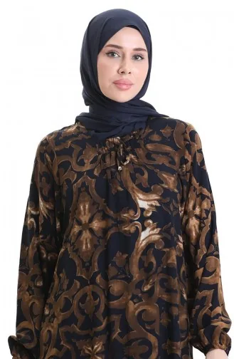 Viskon Kare Yaka Elbise 994585J-02 Lacivert Kahverengi