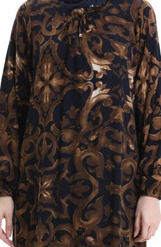 Viskon Kare Yaka Elbise 994585J-02 Lacivert Kahverengi