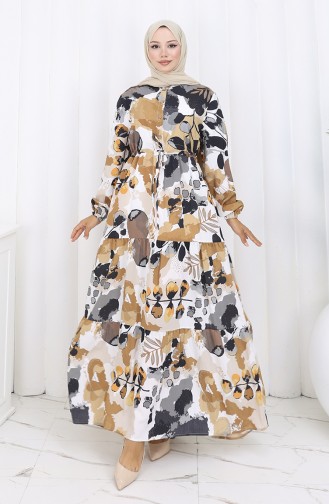 Modal Stoff Gemustertes Kleid Mit Bindegürtel 0161-04 Milchkaffee 0161-04