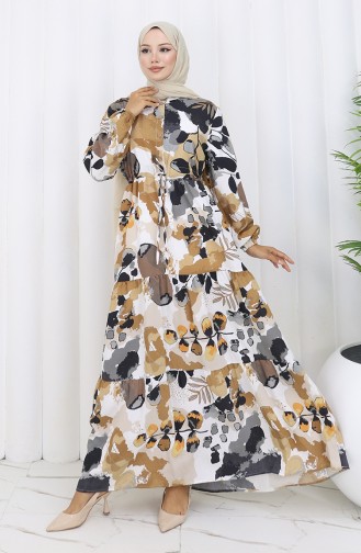 Modal Stoff Gemustertes Kleid Mit Bindegürtel 0161-04 Milchkaffee 0161-04