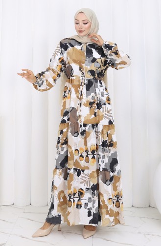 Modal Stoff Gemustertes Kleid Mit Bindegürtel 0161-04 Milchkaffee 0161-04