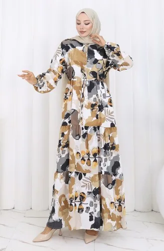 Robe à Motifs En Tissu Modal Avec Taille Nouée 0161-04 Café Au Lait 0161-04