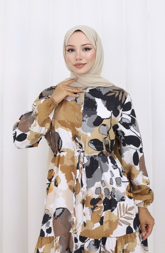Modal Stoff Gemustertes Kleid Mit Bindegürtel 0161-04 Milchkaffee 0161-04