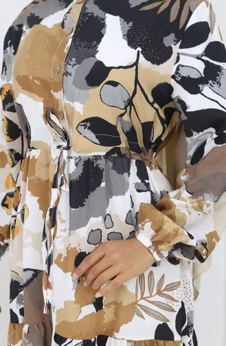 Robe à Motifs En Tissu Modal Avec Taille Nouée 0161-04 Café Au Lait 0161-04