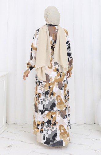 Modal Stoff Gemustertes Kleid Mit Bindegürtel 0161-04 Milchkaffee 0161-04