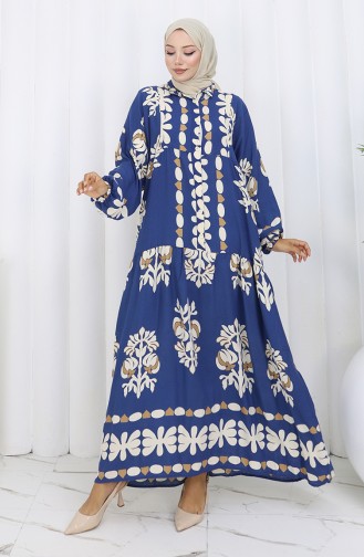 Viskose Stoff Halb Geknöpftes Kleid 2156-03 Dunkelblau 2156-03