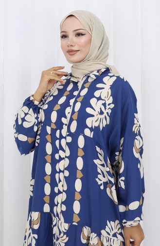 Viskose Stoff Halb Geknöpftes Kleid 2156-03 Dunkelblau 2156-03