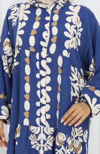 Viskose Stoff Halb Geknöpftes Kleid 2156-03 Dunkelblau 2156-03