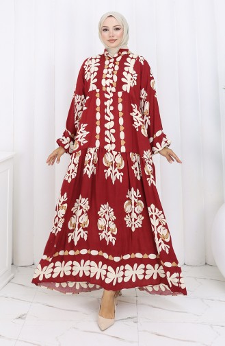 Viskose Stoff Halb Geknöpftes Kleid 2156-04 Weinrot 2156-04