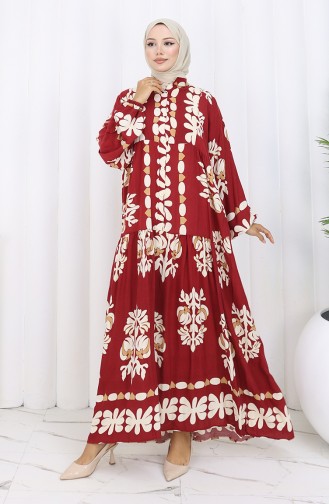 Viskose Stoff Halb Geknöpftes Kleid 2156-04 Weinrot 2156-04